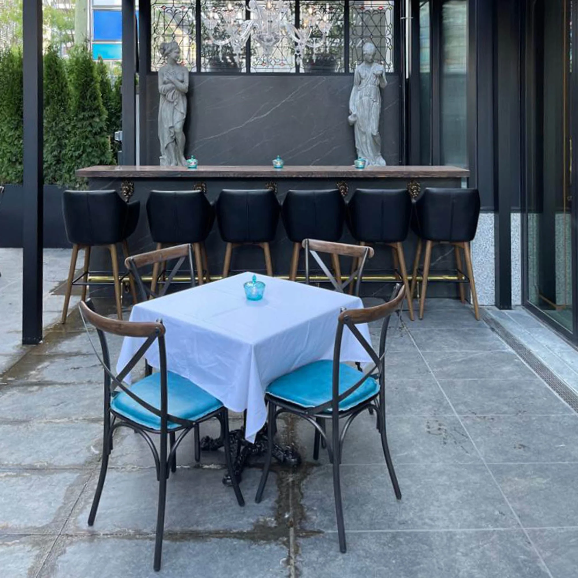 Metal Crossback Chair with Peacock Blue Seat Cushion - Image 3